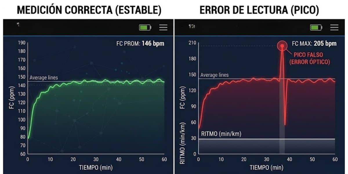 Comparativa de gráfica de frecuencia cardíaca: Medición precisa vs Error óptico con pico falso